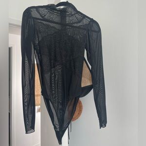 Black mesh bodysuit puff shoulder